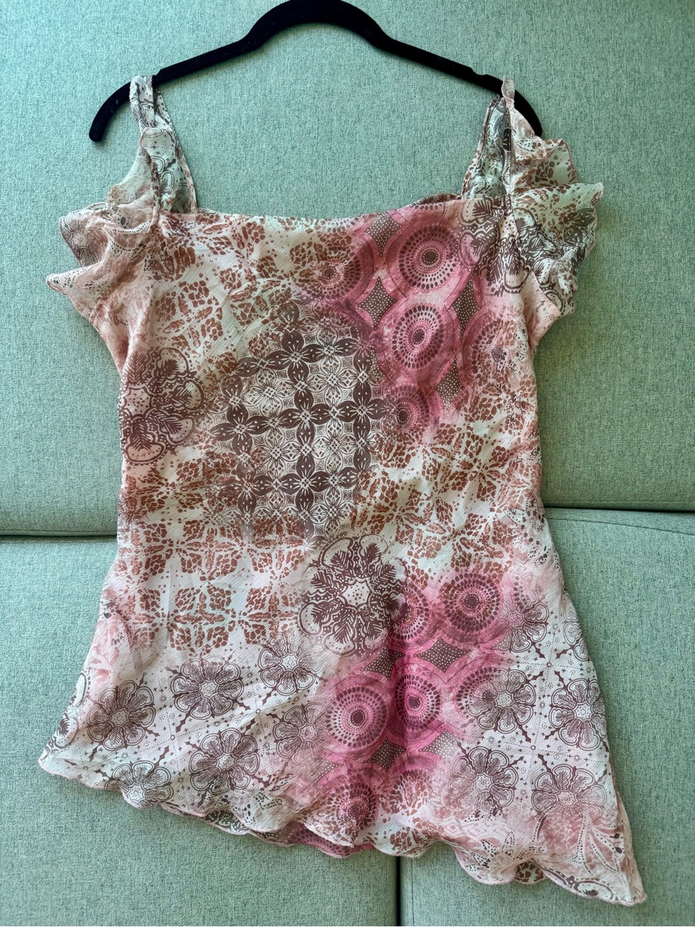 Women’s Pink & Brown Patterned Ruffle Strap Top